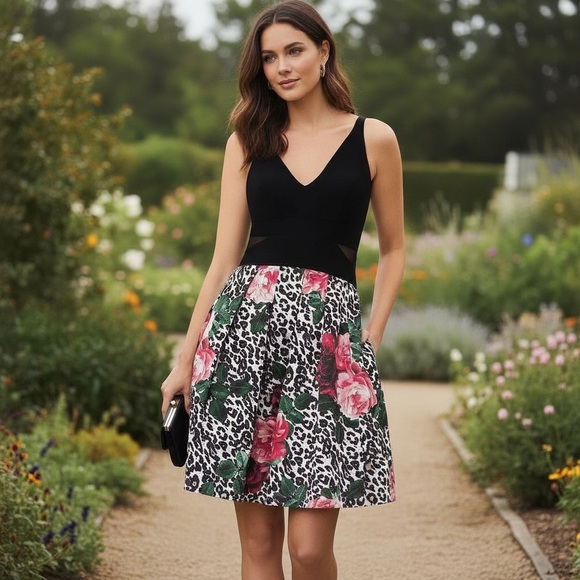 Xscape Dresses & Skirts - Xscape Black and Pink Floral Leopard Mini Dress